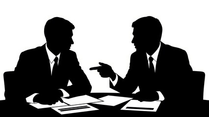 Business meeting silhouette, two men in suits discussing work at a table