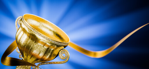 Golden winner's cups as awards on a blue background. First place in a computer game. Victory. Goal achievement concept. Award for outstanding achievement. Achievements. Winner's certificate. 3D render