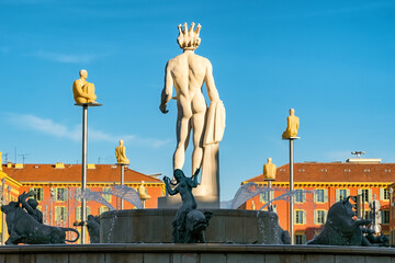Fototapeta premium Historic Fontaine du Soleil on the Massena square in Nice city center, Cote d'Azur, France
