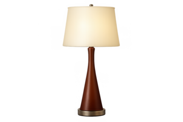 Modern mid-century table lamp illuminating, featuring a wooden base and fabric shade, creating a cozy ambient light on transparent background