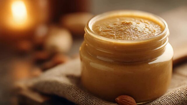 Delicious Homemade Almond Butter in a Jar on Rustic Fabric with Cozy Warm Glow.