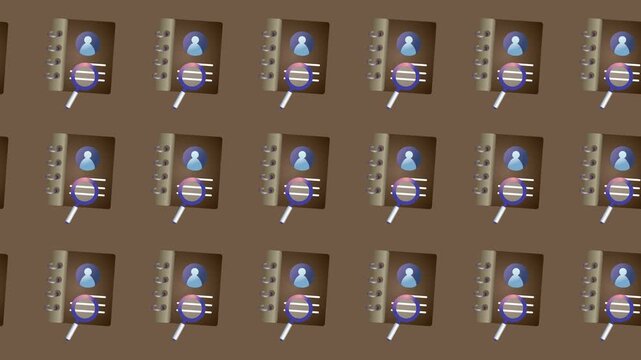 Seamless pattern of contact book and magnifying glass icons for HR and recruitment in a tile background animation. Repeating cartoon wallpaper with contact profile search and database symbols.