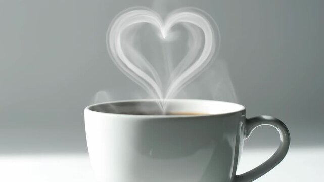 A white coffee cup with steam rising in the shape of a heart against a light grey background, symbolizing warmth and love.