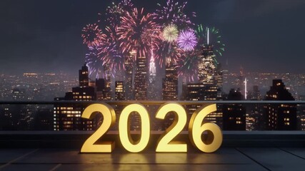 A stunning nocturnal cityscape comes alive with brilliant fireworks illuminating the sky above large golden 2026 numbers, symbolizing the dawn of a new year