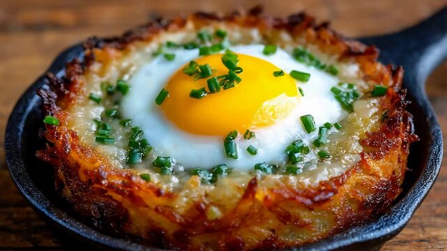 Golden Fried Egg Baked in Crispy Hash Brown Potato Nest in Cast Iron Skillet.