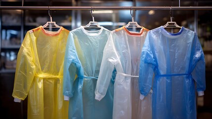personal protective and sterilized gowns ready for doctors and nurses in hospital prior to treating patients with virus.