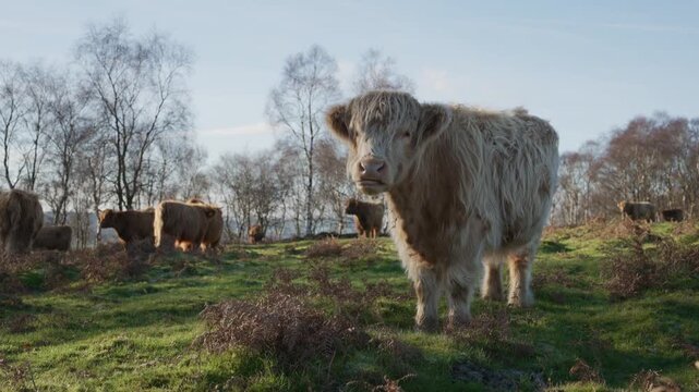 A herd of highland cattle with one cow standing out from the rest.