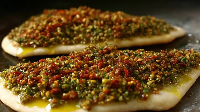 Freshly baked flatbreads topped with savory herbs, red peppers, and olive oil ready to serve.