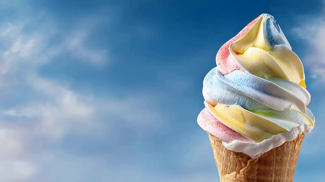 Vibrant Swirl of Rainbow Soft Serve Ice Cream Cone Against Bright Blue Summer Sky.