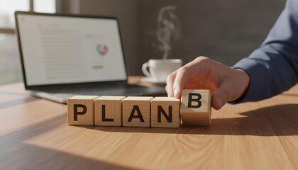 Plan B strategy development with wooden blocks on a business desk featuring a laptop and steaming coffee cup.
