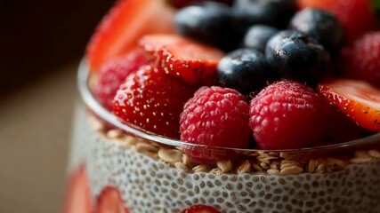 Delicious chia seed pudding topped with fresh strawberries, raspberries, and blueberries for a healthy breakfast.