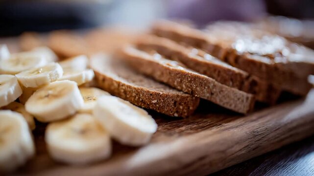 Close up of delicious whole grain bread with sliced bananas and nut butter, a healthy meal.