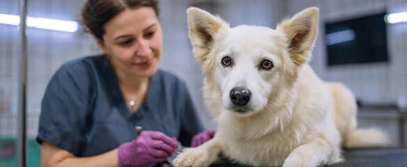 pet groomer is gently clipping pups' claws during a grooming appointment