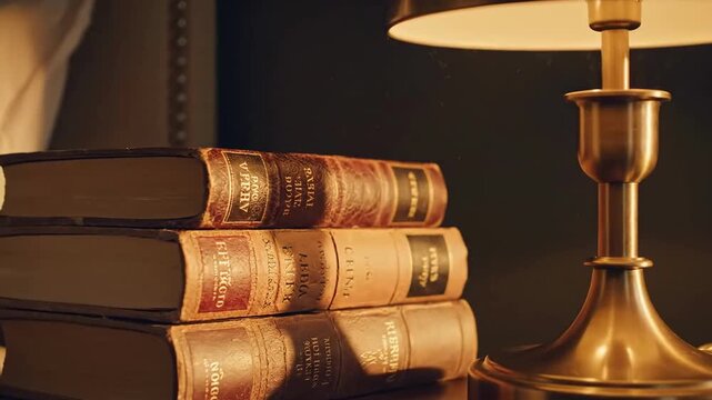 Enlightenment Through Literature: Golden Lamp Illuminating Stack Of Vintage Books Near Bed