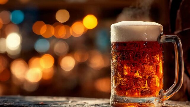 Refreshing Amber Beer Mug with Frothy White Foam, Condensation, and Warm Bokeh Lights.