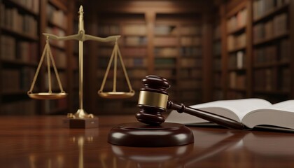 Justice and legal system concept featuring the scales of justice, gavel, and open law book in a prestigious library setting.