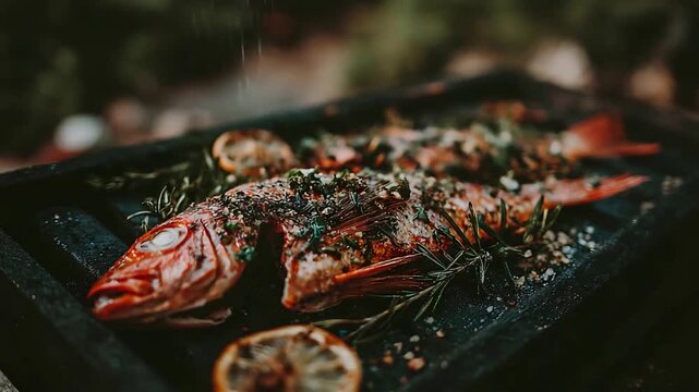 Chef Seasoning Fresh Whole Red Fish with Herbs and Spices for a Healthy Gourmet Meal.