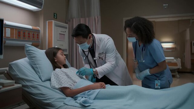 Doctors examine a patient in a hospital room, providing medical care and support. The scene portrays healthcare professionals attending to a young patient in a hospital bed Stock Video