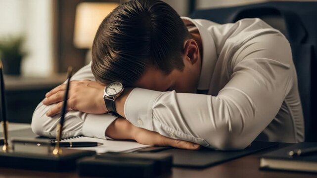 Exhausted businessman sleeping at desk, overwhelmed by work, burnout concept