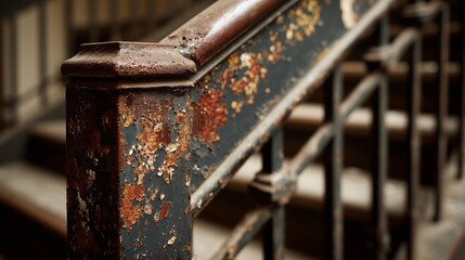 Close-up of a weathered metal handrail with rust and chipped paint beside a wooden staircase in a softly lit interior