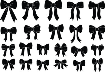 Decorative Bow Ribbon Silhouette Set, Black Gift Bow Vector Illustration 
