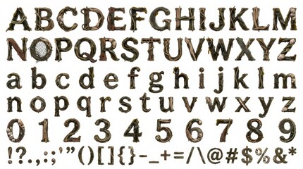 font alphabet in threaded kelp forest gear display style from a to z numbers punctuation isolated on white background