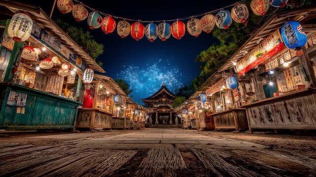 A night scene depicts a festival with lanterns, stalls, a stone path, and fireworks illuminating the sky above a temple. The path leads to the structure
