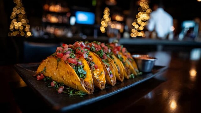 Appetizing Hard Shell Tacos with Fresh Pico de Gallo Served in a Warm Restaurant Setting.