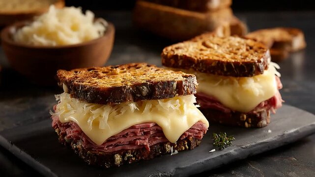 Appetizing Traditional Reuben Sandwiches Layered with Corned Beef, Swiss Cheese, and Tangy Sauerkraut.