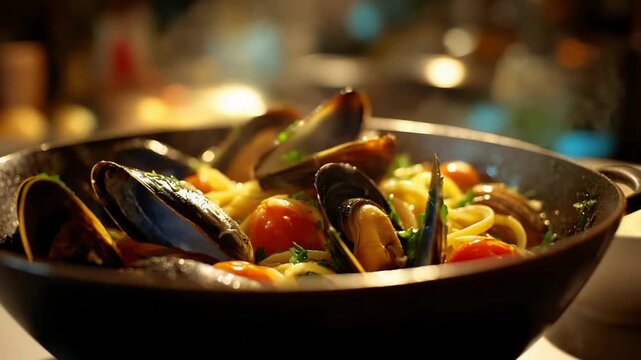 Delicious Mussels Pasta with Cherry Tomatoes Steaming in a Restaurant Setting.