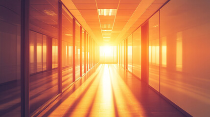 Empty office corridor with glass walls bathed in warm sunlight, symbolizing professionalism, modern architecture, clarity, opportunity, and a bright, inspiring business environment.