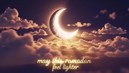 a tranquil 3d ramadan night scene shows a single glowing crescent moon resting above layered clouds as soft golden light spreads, 3d text gently fades in reading may this ramada - Powered by Adobe
