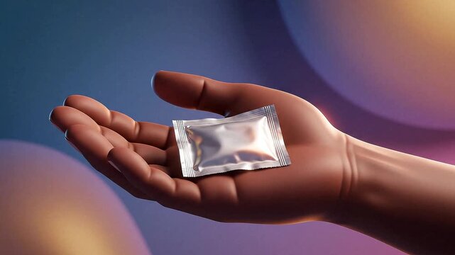 A dark-skinned hand holds a condom package in a top-down view with a colorful abstract background