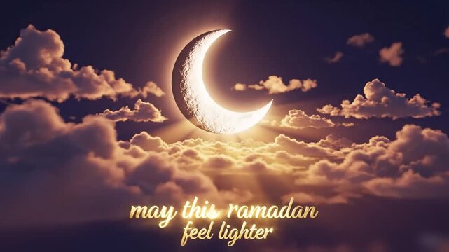 a tranquil 3d ramadan night scene shows a single glowing crescent moon resting above layered clouds as soft golden light spreads, 3d text gently fades in reading may this ramada