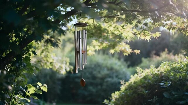 Medium shot of wind chimes gently swaying among lush greenery focusing on auditory elements in a serene sensory garden space.