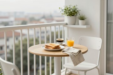Peaceful morning breakfast on a small balcony table with city views and plants