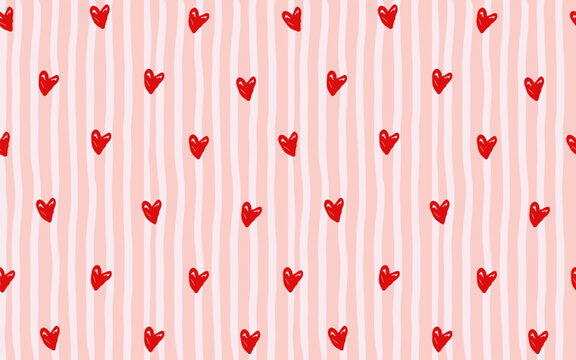 Coquette seamless pattern with vertical pink and cream stripes , decorative red hearts. Valentine's Day holiday illustration background texture, romantic wedding design.