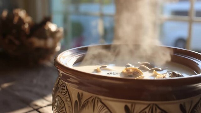 Inviting Steaming Creamy Soup with Clams in a Traditional Pottery Pot.
