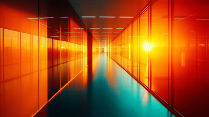 Empty office corridor with glass walls bathed in warm sunlight, symbolizing professionalism, modern architecture, clarity, opportunity, and a bright, inspiring business environment.