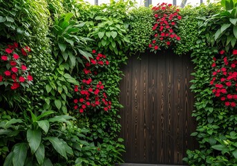 Lush green foliage and vibrant red blossoms frame a dark wooden doorway in a garden setting