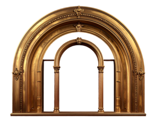 An ornate gold archway with intricate details and a smaller inner arch stands on a plain white background