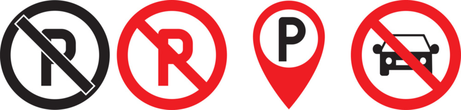 No Parking area icon set. Prohibited Car parking symbol. no parking signs on Transparent background. Set of diverse international parking and no parking road signs.
