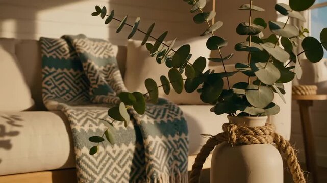 Eucalyptus Leaves Arrangement With Modern Cozy Interior Design For Home Decoration Ideas