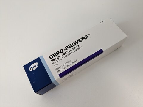 Prague,Czech Republic-October 9 2025: DEPO-PROVERA by PFIZER, containing MEDROXYPROGESTERONE ACETATE, is an injectable contraceptive used for long-term birth control by preventing ovulation