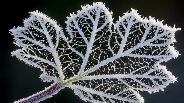 Delicate frosty leaf skeleton against a dark background, showcasing intricate winter nature.