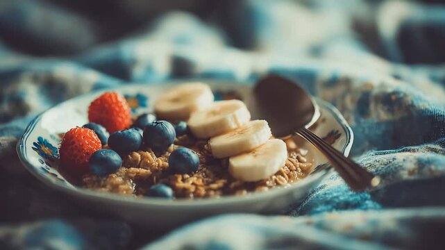 Close up of a delicious healthy breakfast bowl with fresh fruit on a cozy patterned blanket.