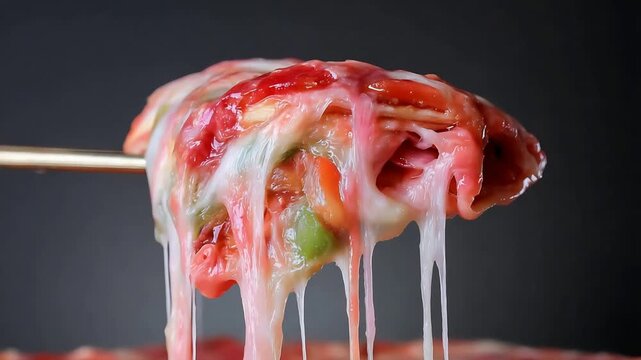 Irresistible stringy melted cheese and vibrant red sauce coating delicious hot food on chopsticks.
