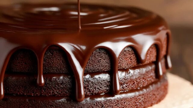 Delicious Multi Layered Chocolate Cake Drizzled with Smooth Glossy Ganache Icing.