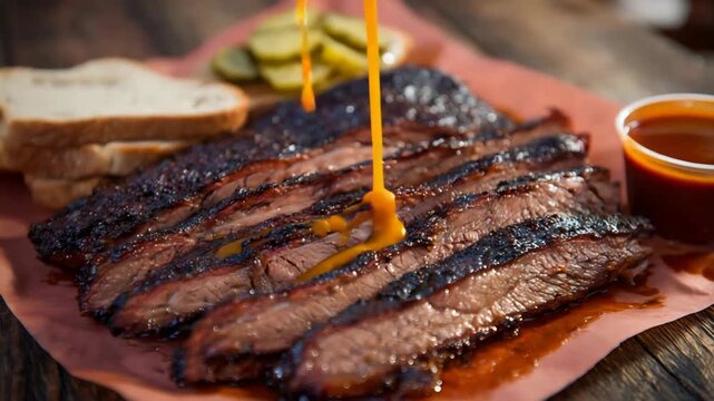 Delicious Smoked Barbecue Brisket Slices Drizzled with Tangy Yellow Sauce on Butcher Paper.