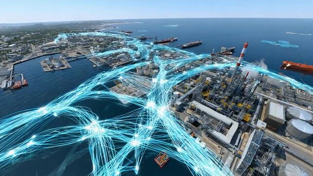 Industrial Infrastructure Network: A high-angle view showcases a sprawling industrial complex, underscored by a network of luminous, interconnected lines that weave through the landscape.